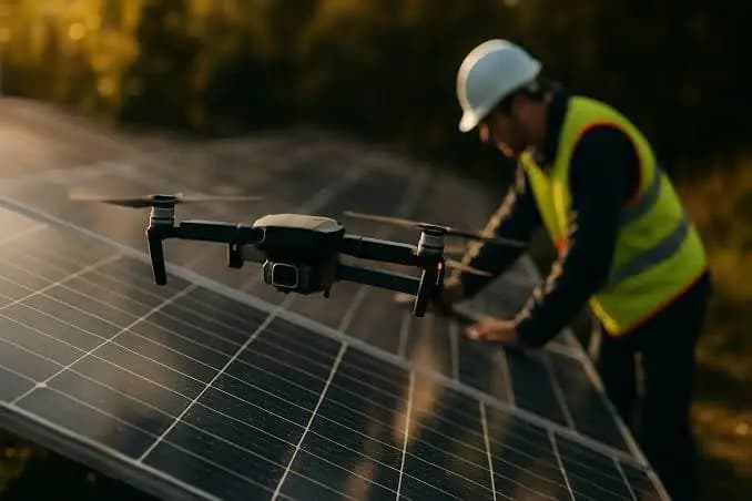 Drone survolant des panneaux solaires lors d'un audit, avec un technicien équipé.